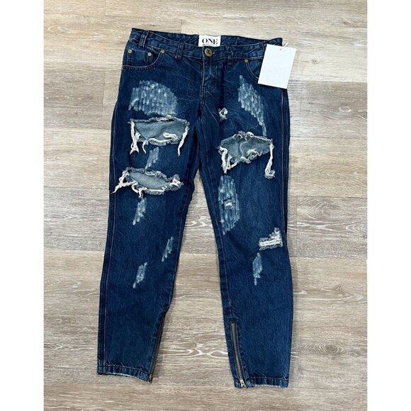 One Teaspoon Sz 27 Trashed Freebirds Crop Denim Jeans Skinny Dark Blue Women NWT - Picture 3 of 11